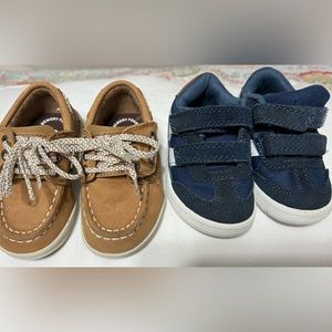 Boys Toddler size 5 shoes. Tan Sperry’s and Navy Blue Cat & Jack.